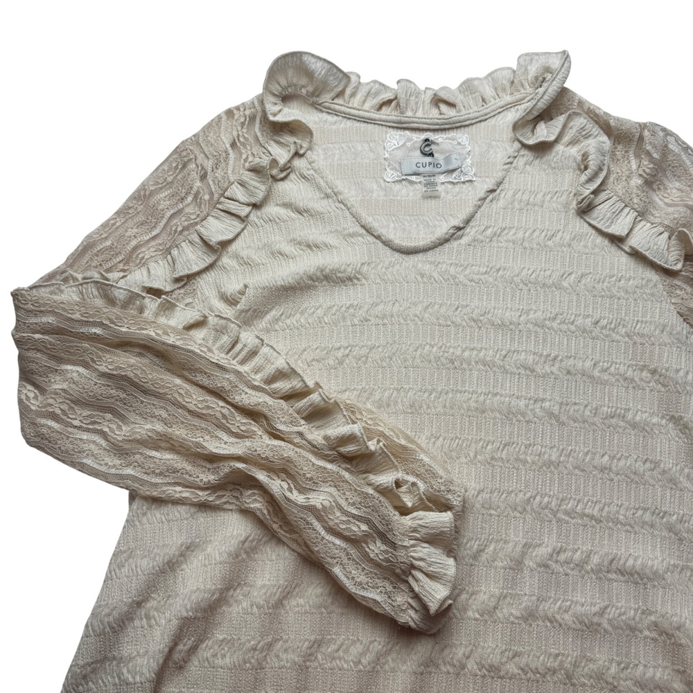 Cupio‎ Womens Medium Cream Lace Sleeve Ruffle Blouse Boho Cottagecore Romantic